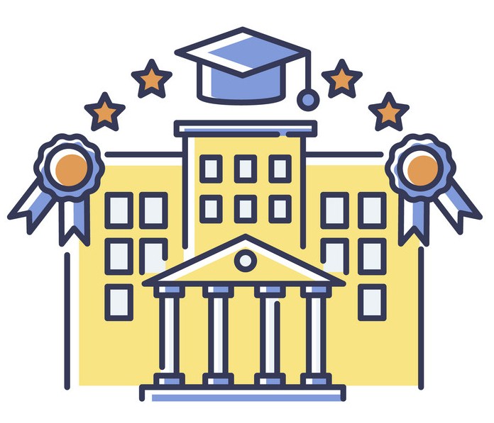 University RGB color icon. Higher education, student lifestyle. Academic institution. Prestigious state college campus with mortar board isolated vector illustration